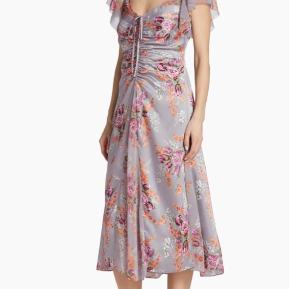 CINQ À SEPT Terrence Floral Print Ruched Flutter Sleeve Midi Dress Size 10 - Picture 6 of 9